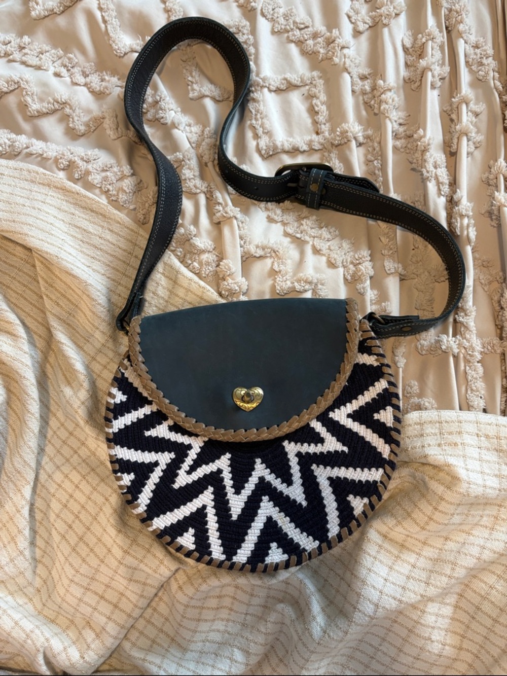 Navy & White Hand Woven Crossbody Bag with Heart Lock